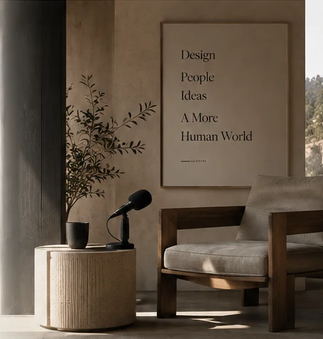 Illustrative interior with a lounge chair and microphone, from the website design concept
